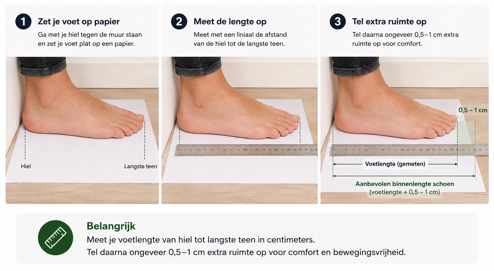 afbeelding met instructie hoe jij je schoenmaat kunt meten