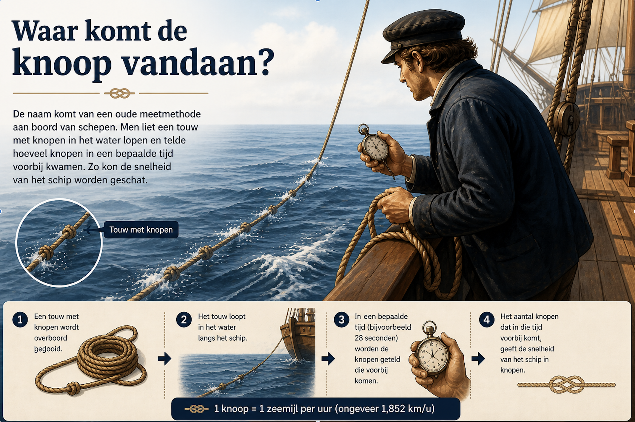 afbeelding met uitleg over de historie van de knoop in scheepvaart